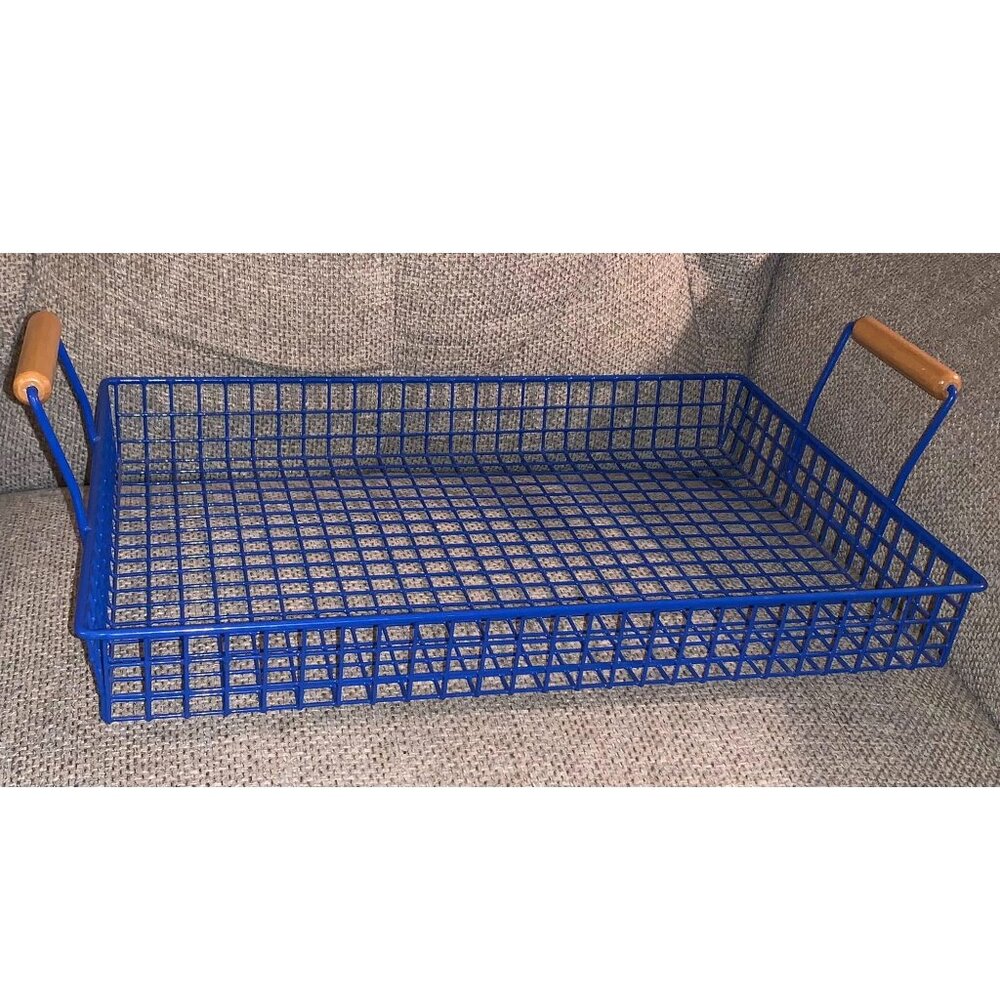 Blue Coated Mesh Wire Tray w/ Wooden Handles